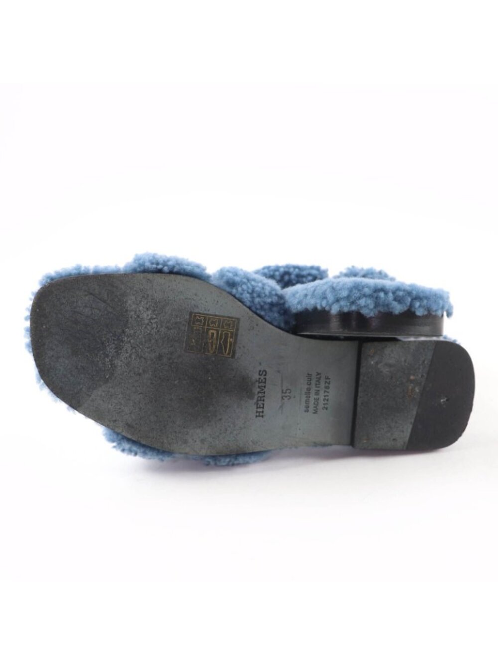 Hermes Oran Shearling Leather Mules Flat Sandals Blue - Picture 7 of 10